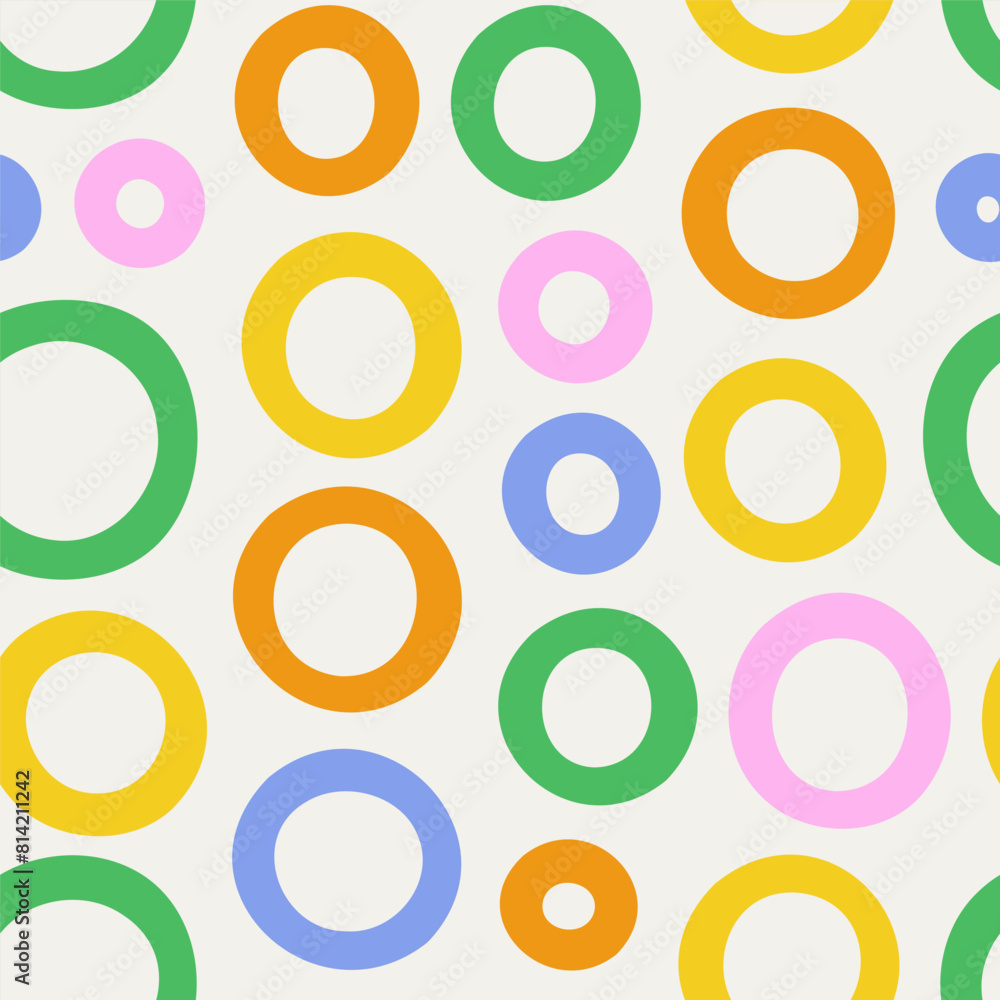 Fototapeta premium Fun colorful circle doodle seamless pattern. Creative minimalist style art background for children or trendy design with polka dot. Simple childish party backdrop.