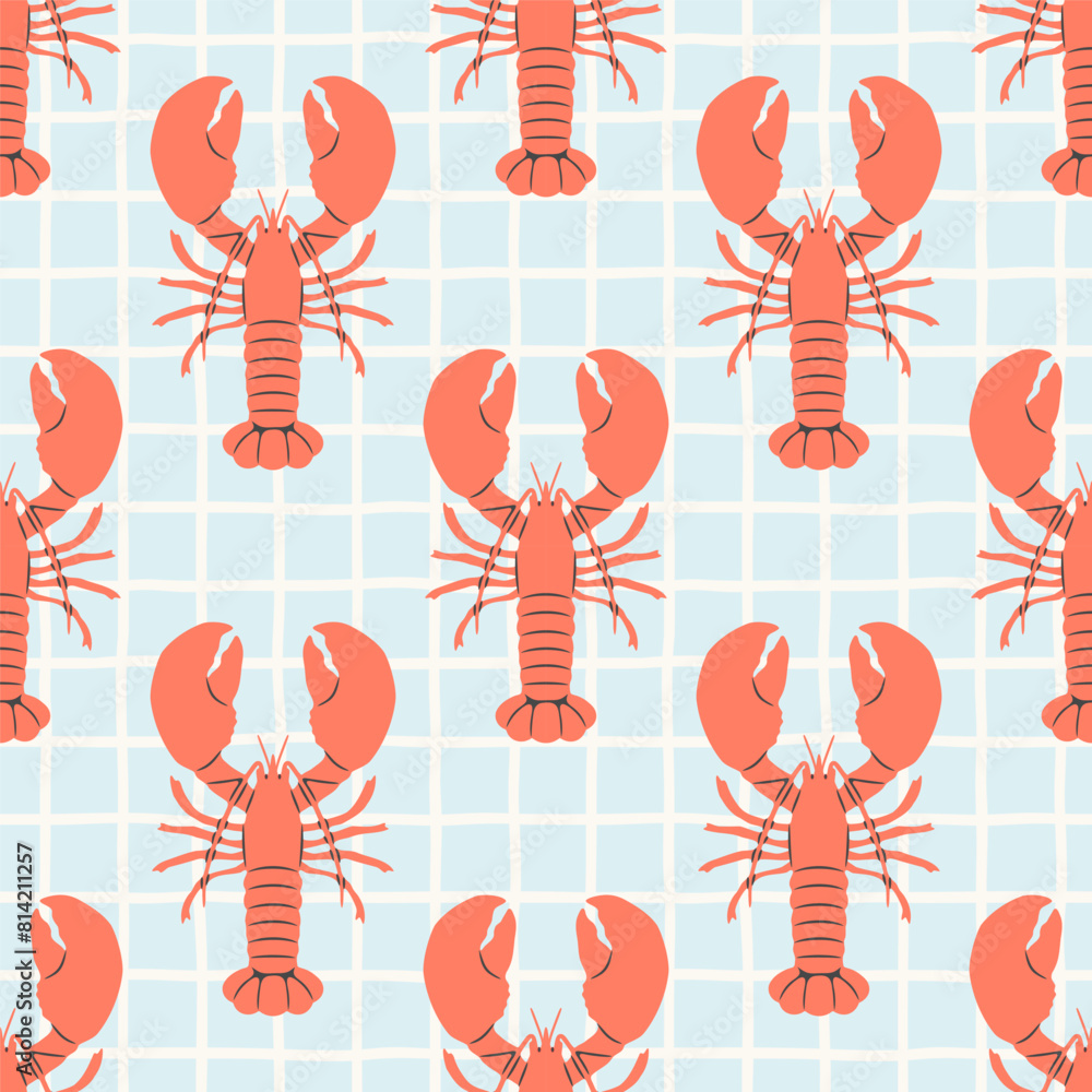 Hand drawn vintage lobster sea food seamless pattern. Marine animal background illustration with crawfish, restaurant cooking ingredient wallpaper texture print.