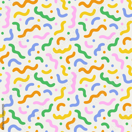 Fun colorful line doodle seamless pattern. Creative abstract style art symbol background for children or celebration design with basic shapes. Simple childish scribble wallpaper print. © Dedraw Studio