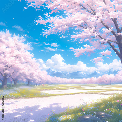 A serene spring scene with cherry blossoms in full bloom  a river meandering through the landscape  and majestic mountains in the distance. A picturesque view that captures the essence of nature s