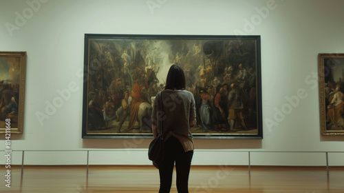 An art exhibition with a person standing in front of one of the paintings.