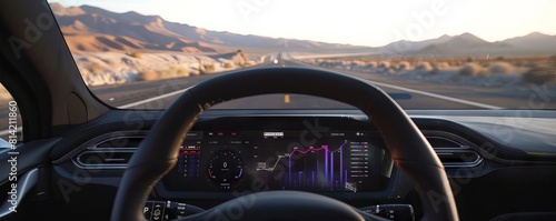 An image of an AIdriven autonomous vehicle s dashboard, displaying predictive analytics about the road and traffic conditions
