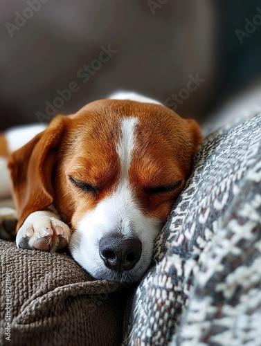 A brown and white dog is sleeping on a couch