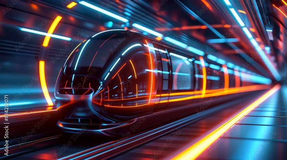 A sleek futuristic train speeds through a brightly lit tunnel adorned with neon red and blue lines, emphasizing modern transport technology. A sleek futuristic train speeds through a brightly lit tunnel adorned with neon red and blue lines, emphasizing modern transport technology.