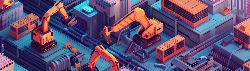 An intricate depiction of a machine learningpowered factory, where robotic arms sort through data blocks building a digital skyline An intricate depiction of a machine learningpowered factory, where robotic arms sort through data blocks building a digital skyline
