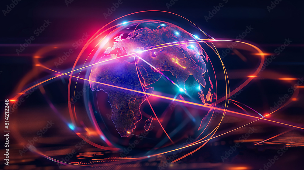 Obraz premium Dynamic 3D rendering of a glowing digital globe, illuminated by swirling neon lines, emphasizing futuristic global connectivity.