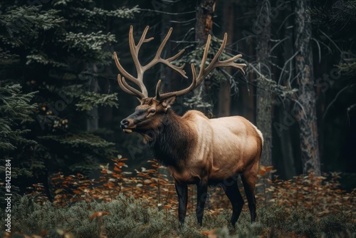 majestic brown elk with impressive antlers standing in dense forest wildlife animal photography © furyon