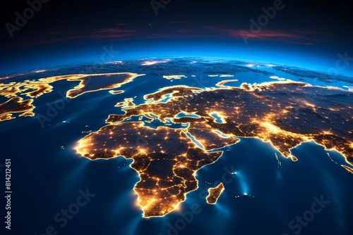 Illuminated network lines and glowing nodes overlaying North America on a globe at night © bravissimos