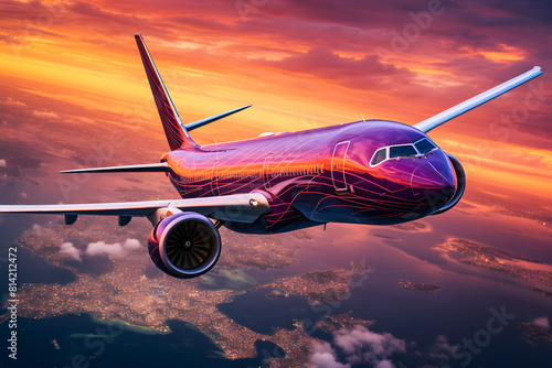 Commercial airplane flying at sunset with vibrant hues reflecting off the fuselage, over a cityscapes.