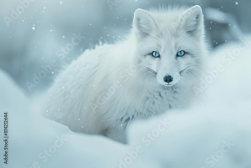 majestic white fox with piercing blue eyes and fluffy fur in snowy landscape