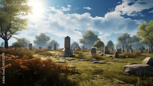 A Serene and Sunlit Cemetery Landscape with Scattered Gravestones Amidst Nature