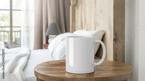 Caneca de café branca em branco em pé na mesa de cabeceira de madeira perto da cama no quarto aconchegante. Modelo de maquete de caneca de café em branco photo
