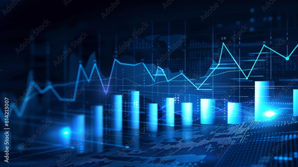 Business analysis and economic graph charts are displayed on a blue screen against a blurry background. Business world and economy Business analysis and economic graph charts are displayed on a blue screen against a blurry background. Business world and economy