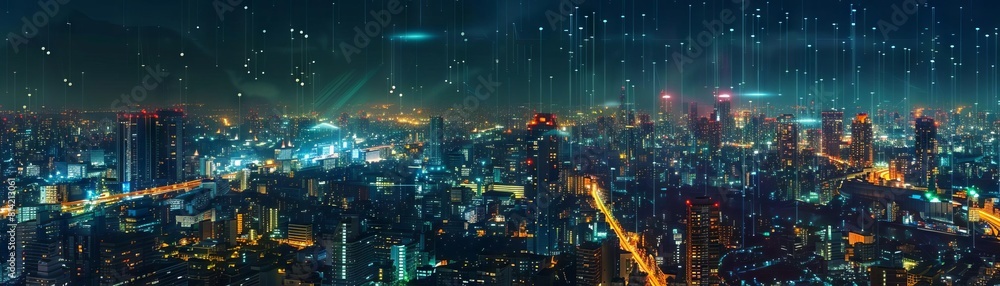 A cityscape at night illuminated by interconnected AIdriven LED lights, showing efficient energy use and communication networks A cityscape at night illuminated by interconnected AIdriven LED lights, showing efficient energy use and communication networks