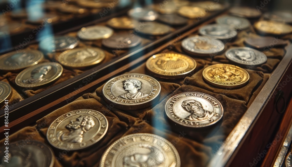 Showcase a historic coin collection in a museum, with ancient currencies from different civilizations preserved as valuable artifacts Showcase a historic coin collection in a museum, with ancient currencies from different civilizations preserved as valuable artifacts