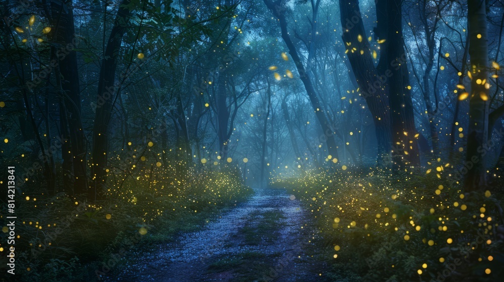 Glowing Fireflies Create a Fairy Tale Forest Path, Illuminating the Magical Enchantment of Nature
