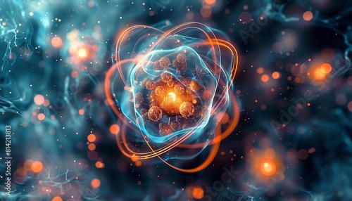 Showcase a theoretical model of an atom, with a nucleus at its center surrounded by electron clouds, governed by the laws of quantum physics photo