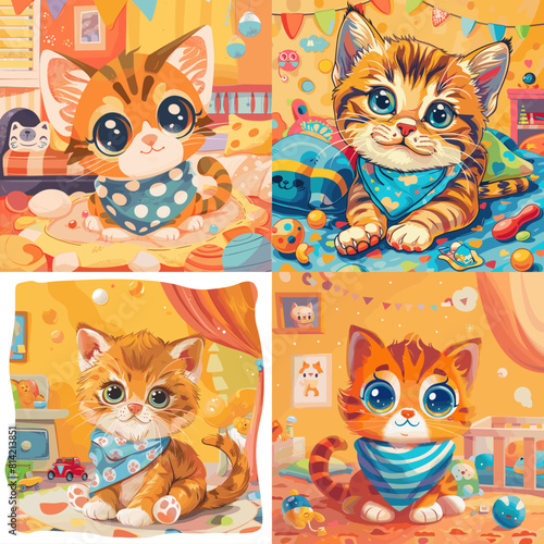 Adorable cartoon kittens with big eyes and scarves in colorful playroom settings. Cute orange tabby cats in playful poses, ideal for kids' books, nursery art, and decorations.

