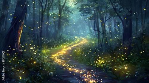 Glowing Fireflies Create a Fairy Tale Forest Path, Illuminating the Magical Enchantment of Nature © Bi