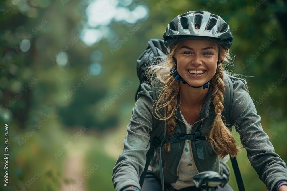 Young Woman Riding Bicycle in Woods Young Woman Riding Bicycle in Woods