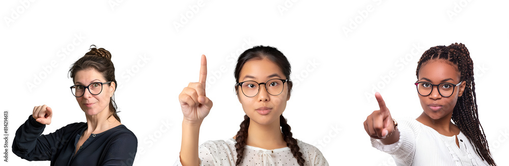 Set of glasses-wearing student and teacher pointing fingers or making number one, Isolated on Transparent Background, PNG Set of glasses-wearing student and teacher pointing fingers or making number one, Isolated on Transparent Background, PNG