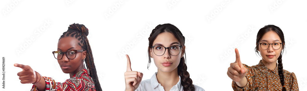 Group of student and teacher with glasses making number one or pointing fingers, Isolated on Transparent Background, PNG Group of student and teacher with glasses making number one or pointing fingers, Isolated on Transparent Background, PNG