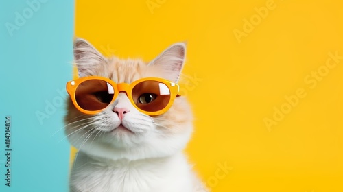 A ginger cat wearing sunglasses is looking at the camera with a serious expression. The cat is sitting in front of a blue and yellow background.