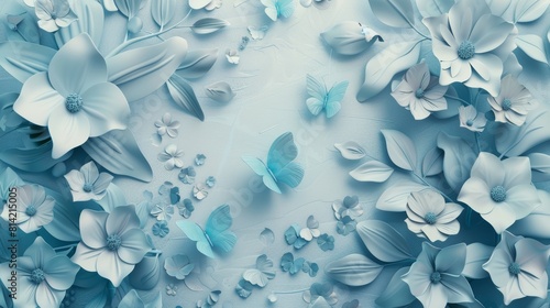 Light blue and white flowers and butterflies on a solid color background. photo