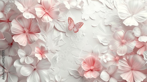 Light pink and white flowers of different sizes are placed close to each other on a solid white background. A pink butterfly is in the middle of the picture.