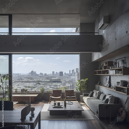 A stylish and contemporary living room showcases a breathtaking panorama of a bustling city skyline.