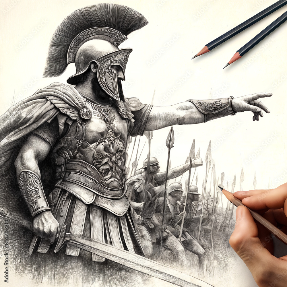 Obraz premium A warrior in full armor commands his troops with his arm outstretched. The detailed armor, helmet and soldiers convey an image of power and strategic leadership.