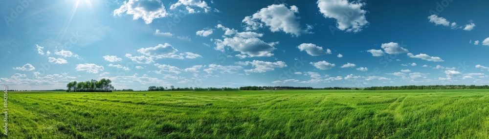 The image shows a beautiful green field with a blue sky and white clouds. The field is covered in tall grass. The image shows a beautiful green field with a blue sky and white clouds. The field is covered in tall grass.