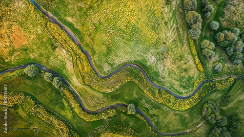 Aerial View of Serpentine River Through Vibrant Green Valley photo