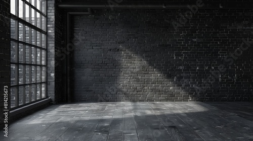 The image shows a dark and empty room with a single window. The room is made of brick and has a concrete floor. There is a single light shining in from the window.
