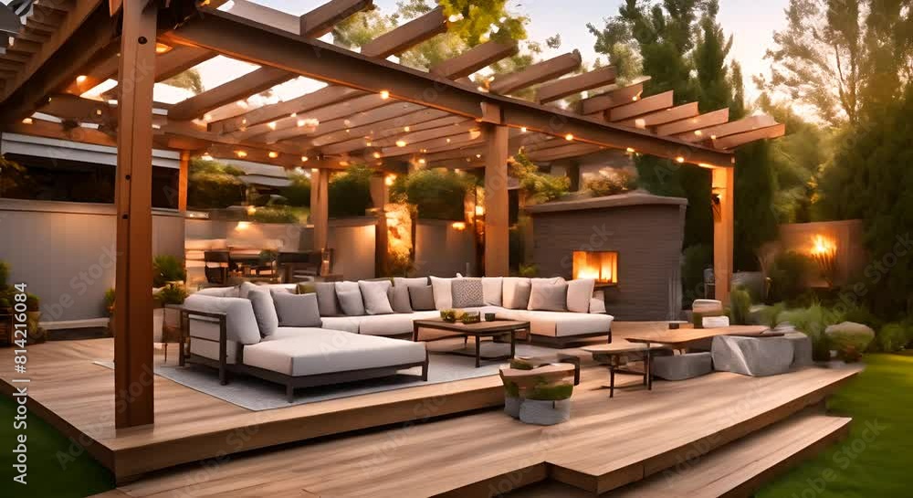 Back yard house exterior with spacious wooden deck with patio area and attached pergola Back yard house exterior with spacious wooden deck with patio area and attached pergola