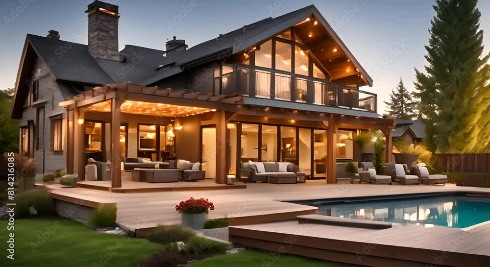Back yard house exterior with spacious wooden deck with patio area and attached pergola Back yard house exterior with spacious wooden deck with patio area and attached pergola