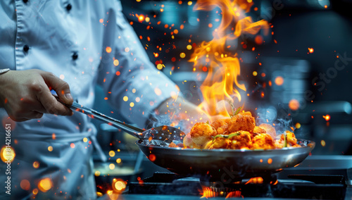 Chef cooking in restaurant kitchen, food, decorating with fire flames. Professional chef preparing fine dining, expertise in culinary gastronomy, indoor occupation.
