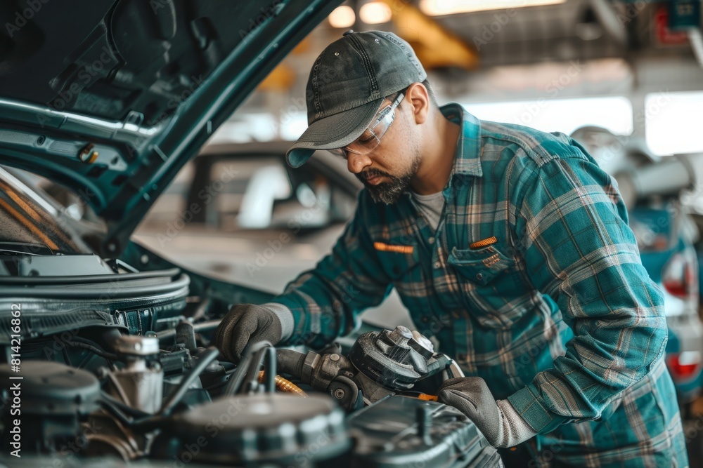 An auto mechanic in a plaid shirt and baseball cap is repairing a car. Repair service. An auto mechanic in a plaid shirt and baseball cap is repairing a car. Repair service.