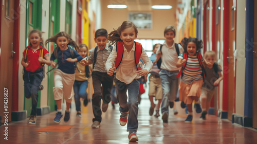 Group of Children Running Down a Hallway