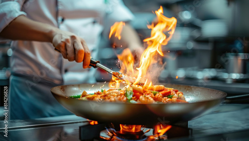 Professional chef in modern hotel kitchen prepares delicious and healthy food with flaming fire.