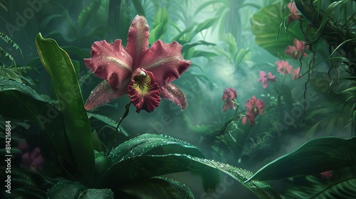 Sketch a closeup of a rare orchid in a tropical rainforest, with a backdrop discussing its role in the ecosystems balance