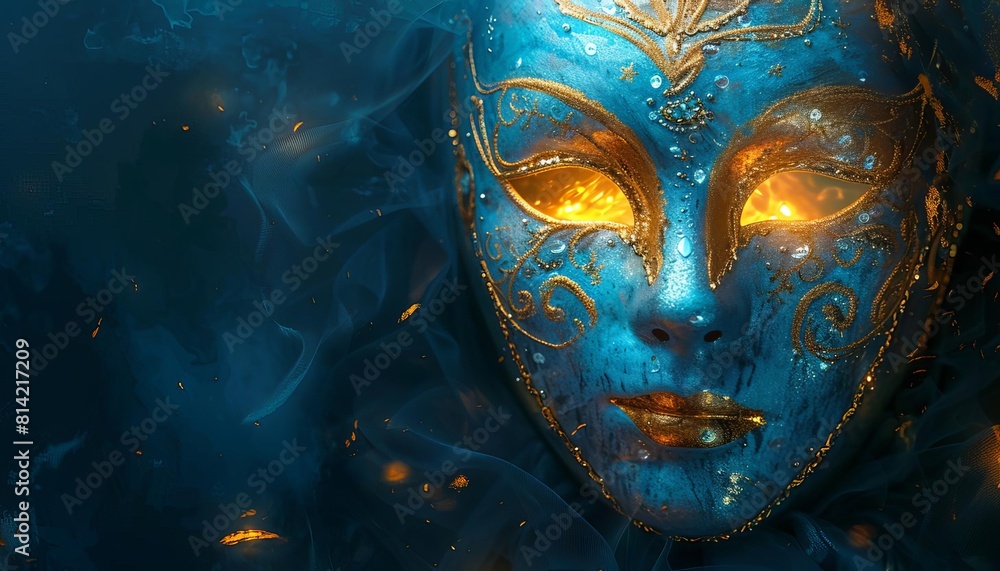 Sketch a Venetian mask with an ethereal glow, featuring luminous paint that shines subtly on a dark blue background Sketch a Venetian mask with an ethereal glow, featuring luminous paint that shines subtly on a dark blue background