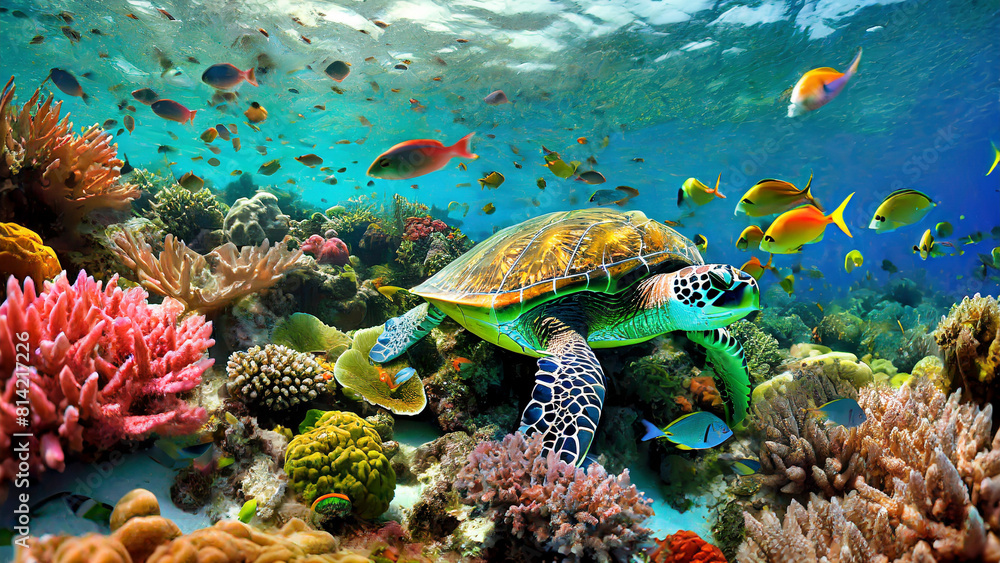 Fototapeta premium Green sea turtle on coral reef. Underwater photo of marine life