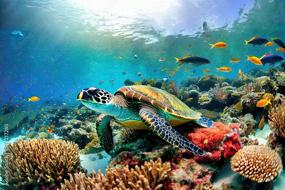 Fototapeta premium Green sea turtle on coral reef with hard corals and tropical fish, sun rays through blue ocean water