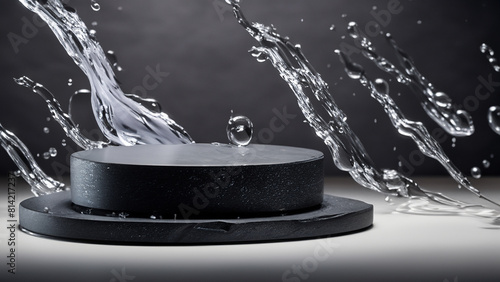 black podium, with water splashes, is a refined pedestal for highlighting beauty. Generative Ai