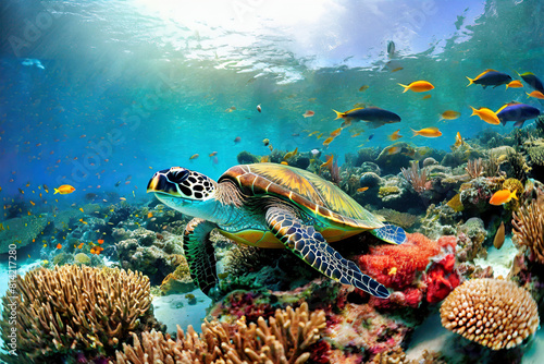 Green sea turtle on coral reef with hard corals and tropical fish  sun rays through blue ocean water