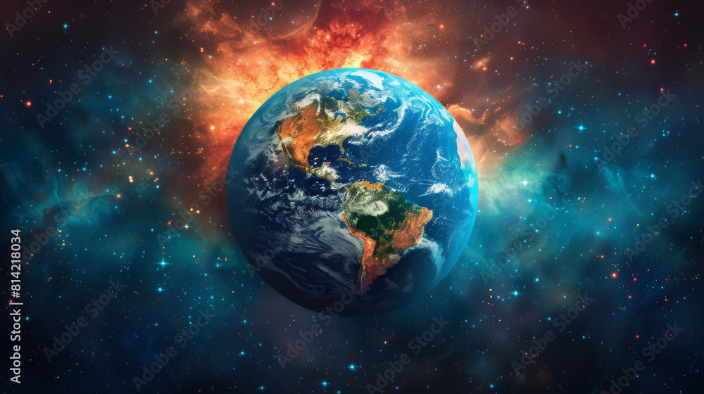 Naklejka premium Illustration of planet Earth centered in a vibrant cosmic environment with nebula and starry space.