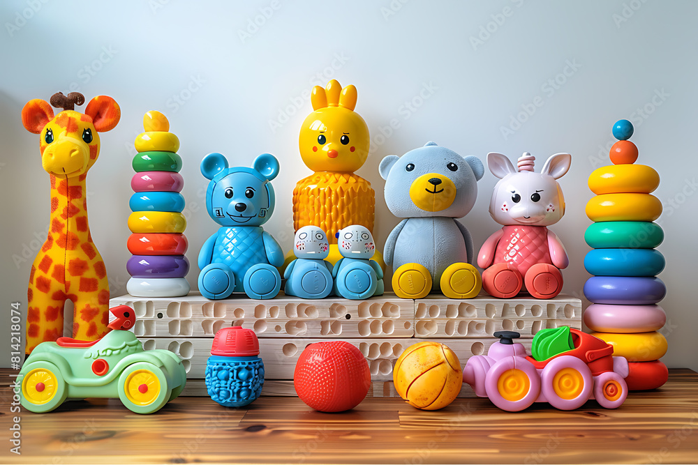 a collection of colorful toys arranged artfully, inviting exploration and sparking imagination in a playful setting a collection of colorful toys arranged artfully, inviting exploration and sparking imagination in a playful setting