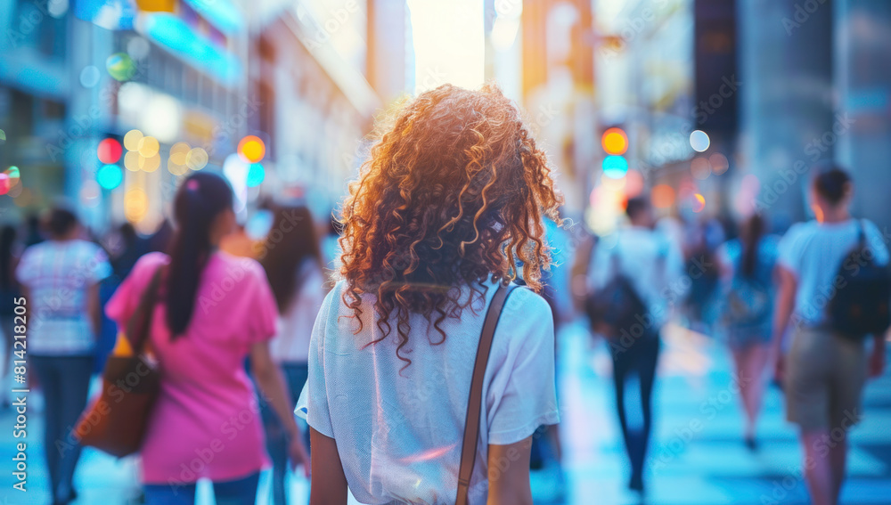 Back view young woman with curly hair walking in city. Elegant lady journey urban, fashionable dress sunlight. Unrecognizable stylish, joy modern traveler crossing sidewalk Back view young woman with curly hair walking in city. Elegant lady journey urban, fashionable dress sunlight. Unrecognizable stylish, joy modern traveler crossing sidewalk