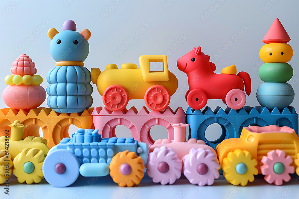 A collection of colorful toys arranged neatly on a pristine white background, offering a diverse range of playtime possibilities and childhood nostalgia A collection of colorful toys arranged neatly on a pristine white background, offering a diverse range of playtime possibilities and childhood nostalgia